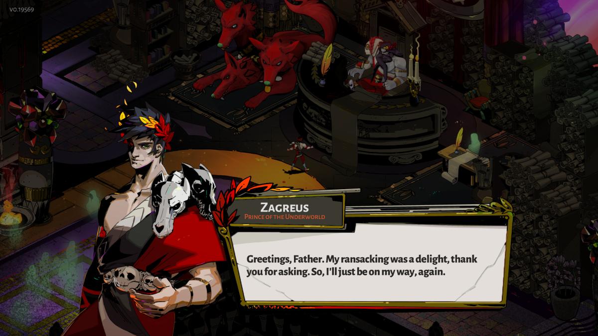 Zagreus chatting with his father, Hades, God of the Underworld.
