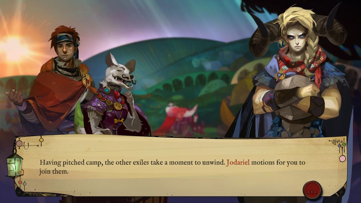 Screenshot from Pyre with text showing how characters interact with the player.