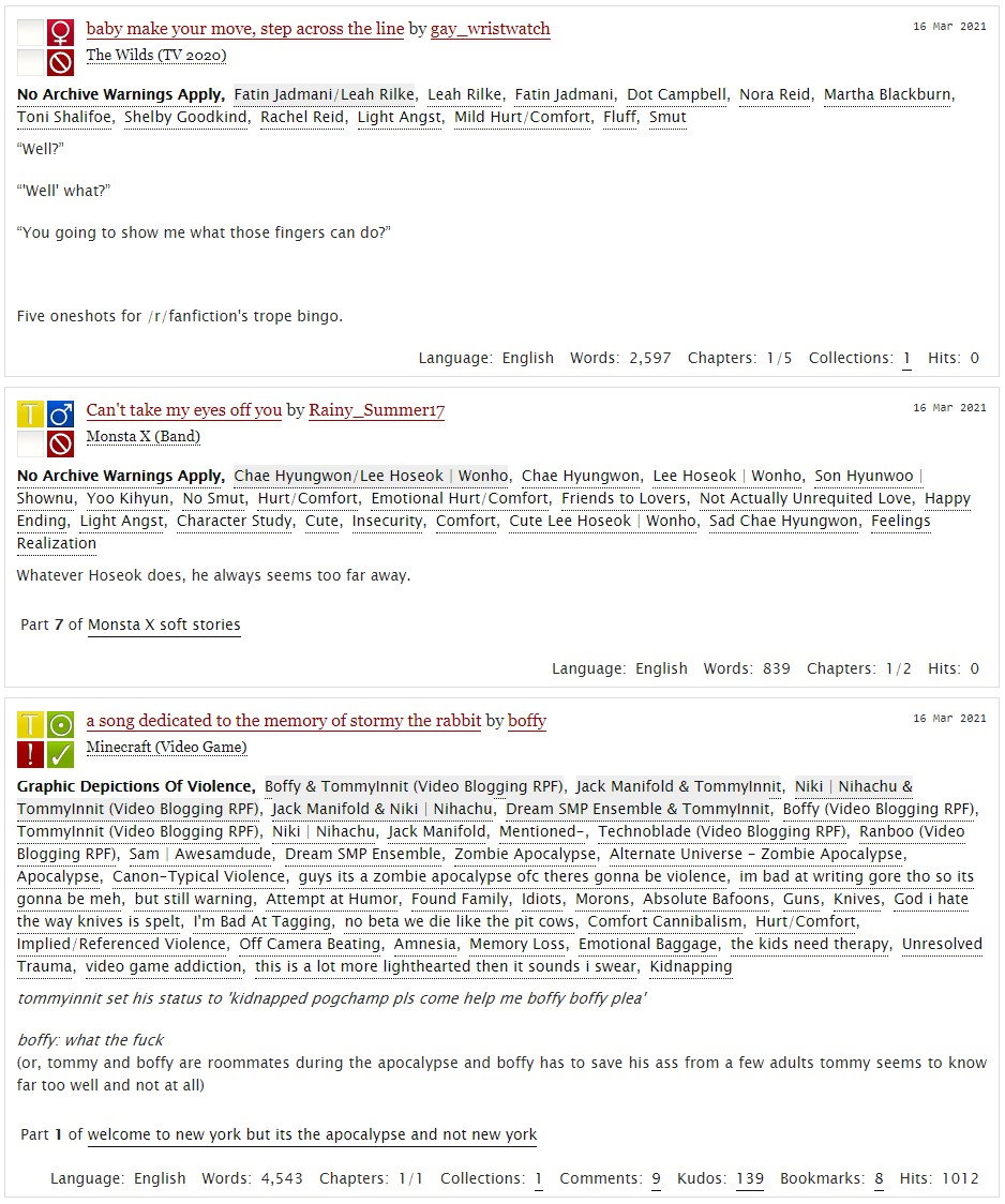 Screenshot of random works on AO3.